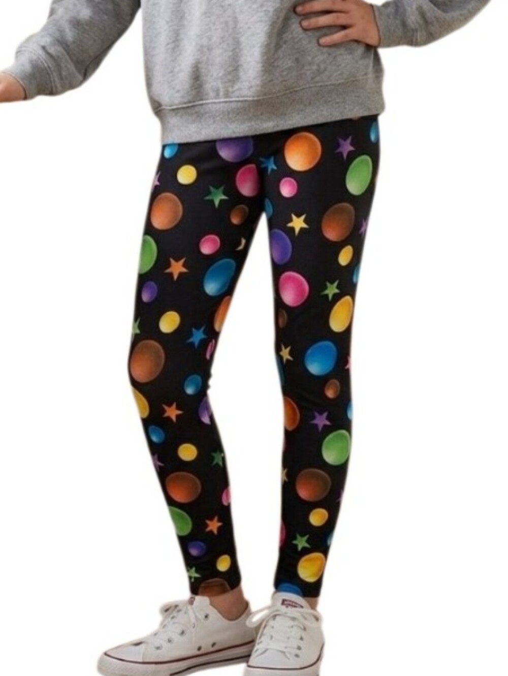 AS IZZ Black w/ Colorful Multicolor Stars & Planets Galaxy Fleece Feel Leggings